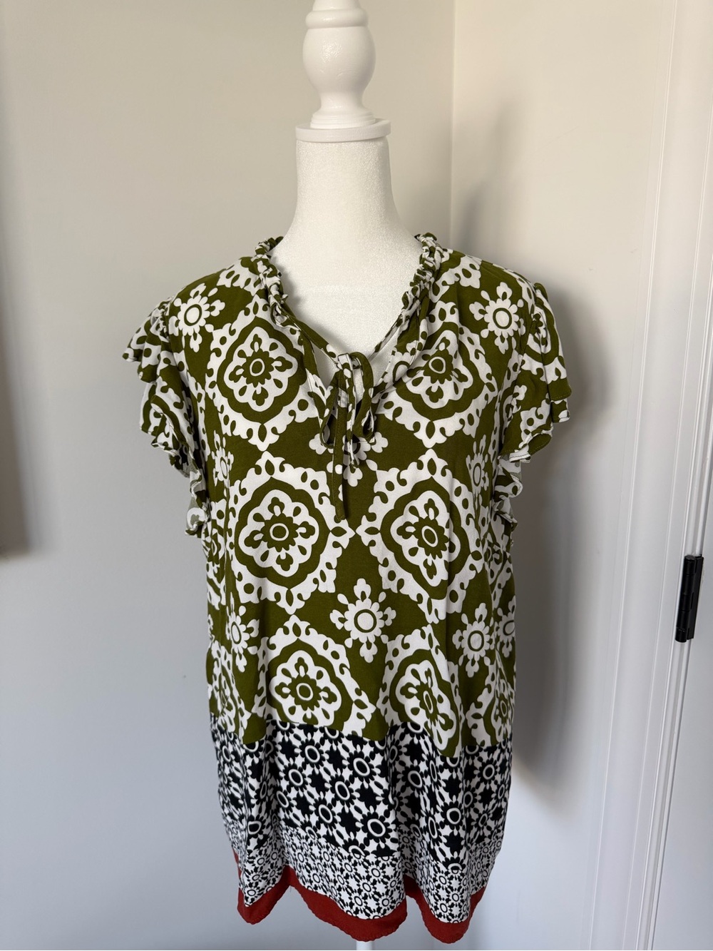 1. State Olive and White Printed Tie-Neck Tunic with Black Border and Rust Trim